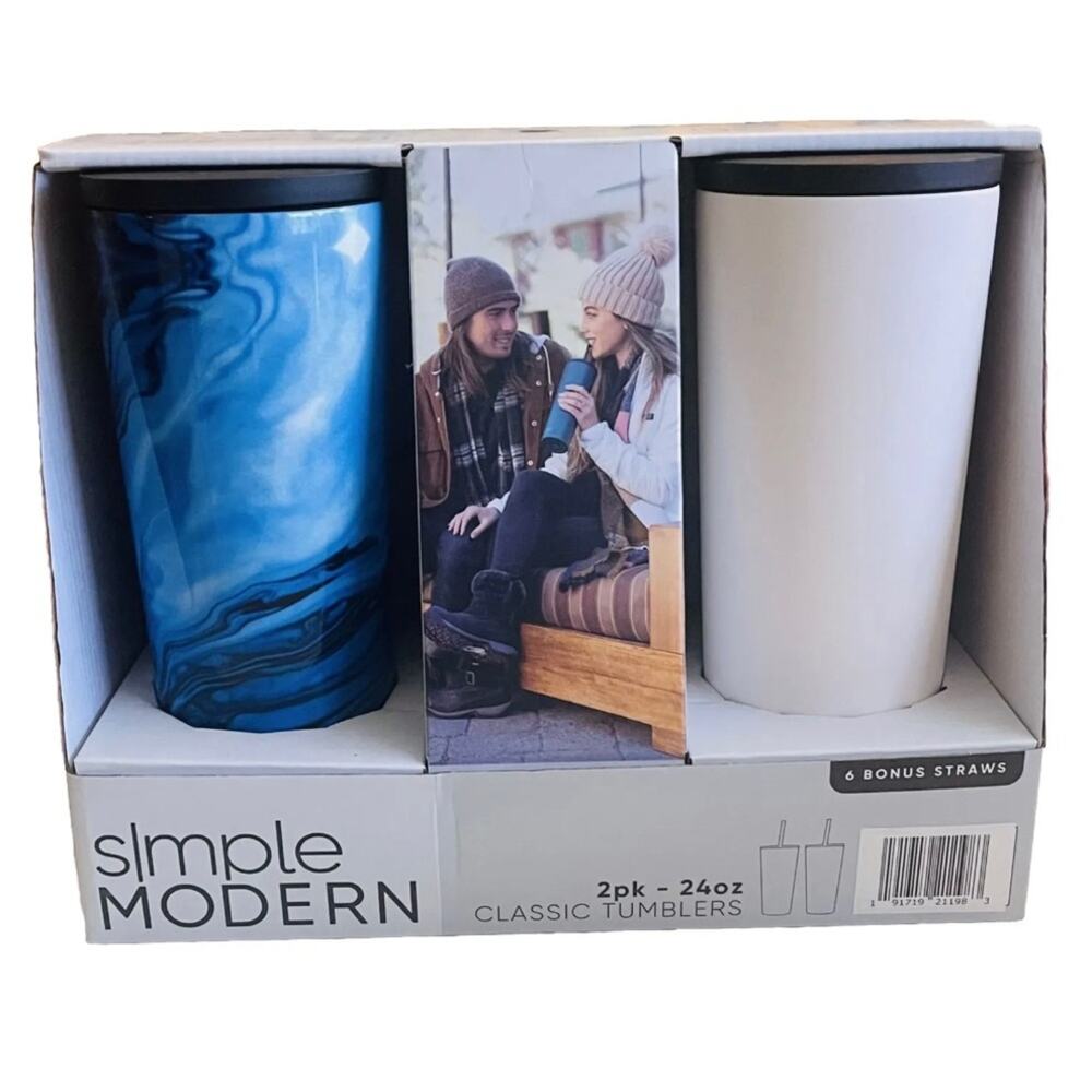 Stainless Steel Tumbler Insulated 24oz Travel Mug White Blue Simple Modern